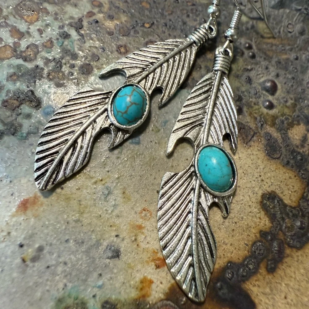 Silver Feather Earrings with Turquoise Accents